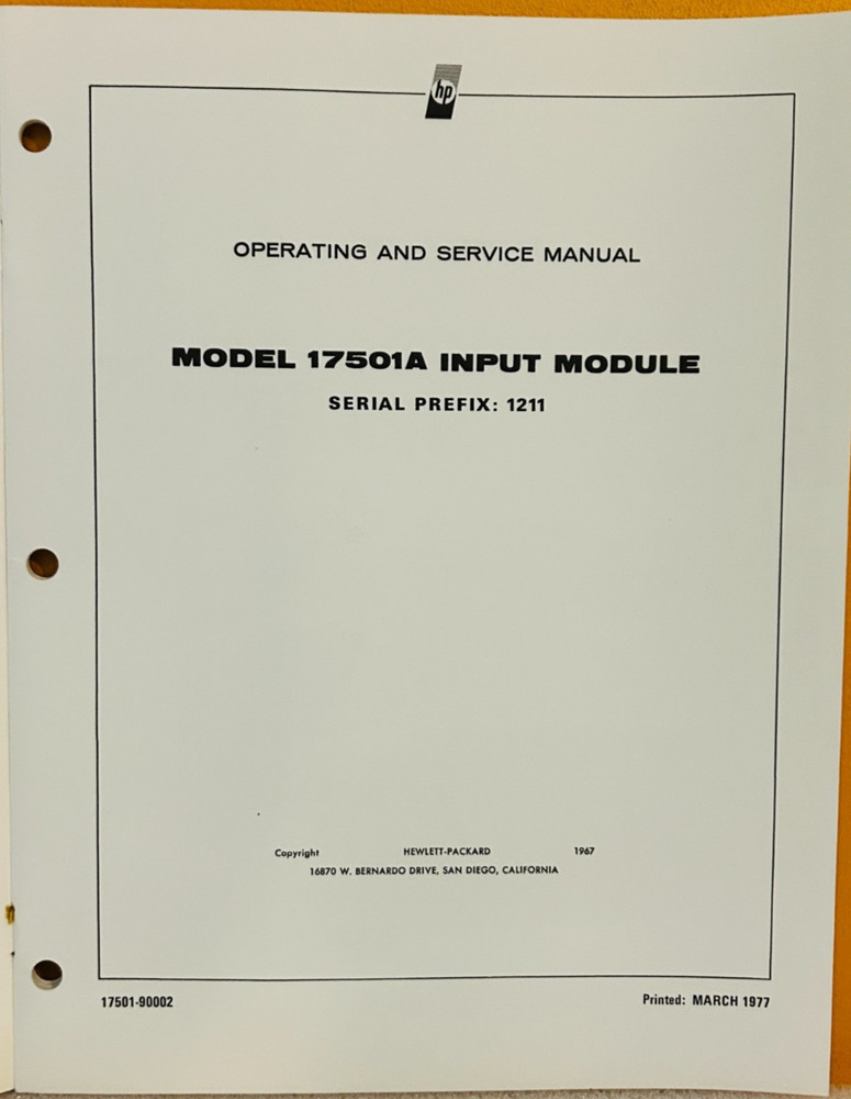 HP 17501-90002 1977 Model 17501A 1 MV Multiple-Span Input Module Service Manual.
