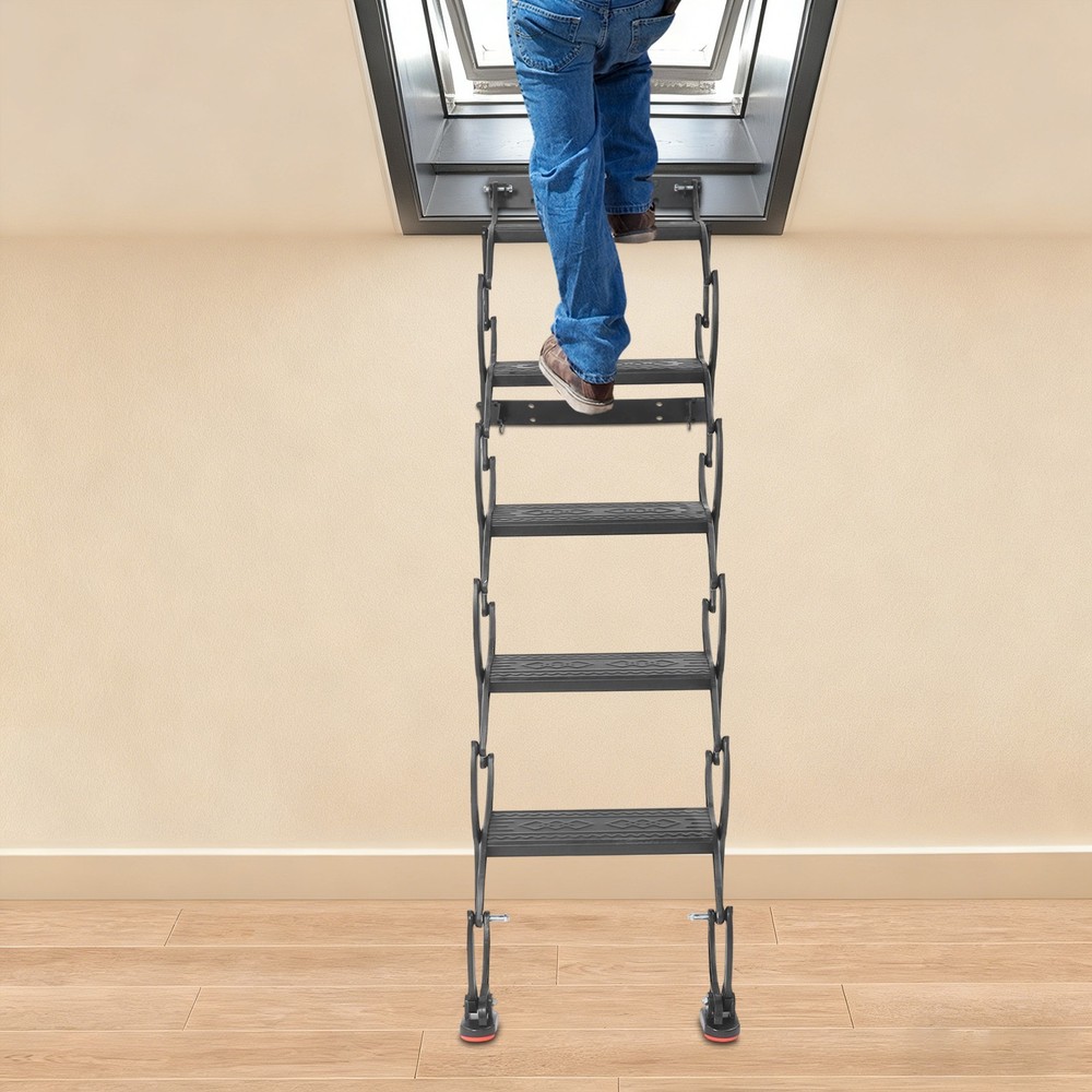 5-Step Wall Mounted Folding Ladder, Black Retractable Telescoping Step Stairs