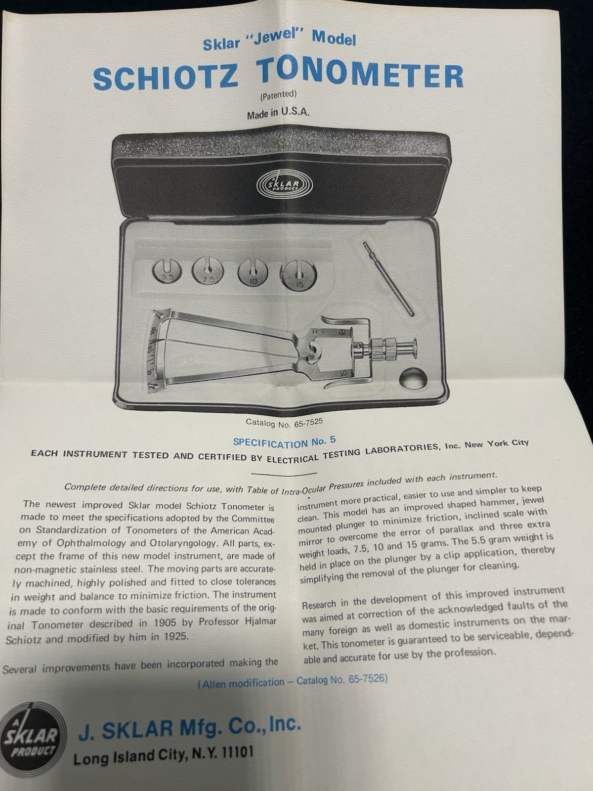 Sklar Schiotz Jewel Tonometer, Complete Set