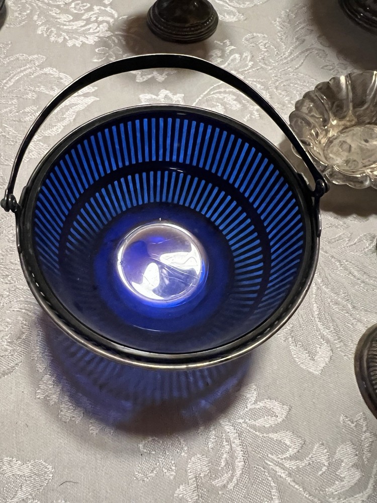 Small Solid Sterling Handled Basket With Cobalt Bowl Insert 80 Grams