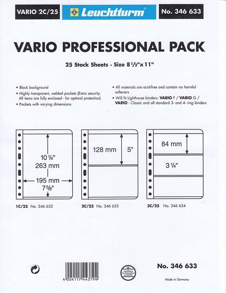 Lighthouse Vario 2C Clear 2 Pocket Pages Pro Pack of 25 Stamp /Postcard Sheets