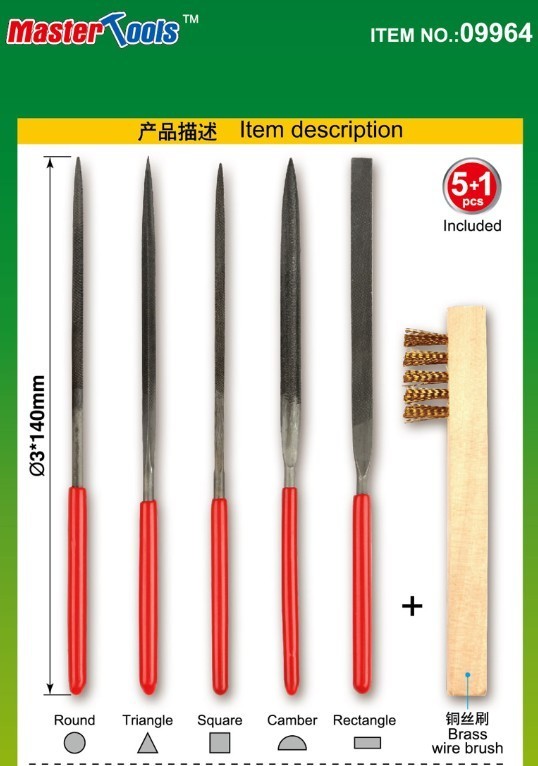 Trumpeter 5 Piece Needle File Set with Brass Wire Brush modeling tools 09964