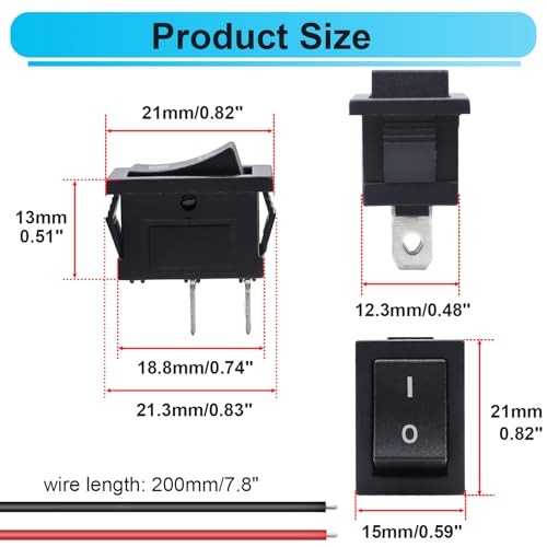 10Pcs Rocker Switch ON/Off 2Pin Latching Toggle SPST Switch Snap 10PCS Square
