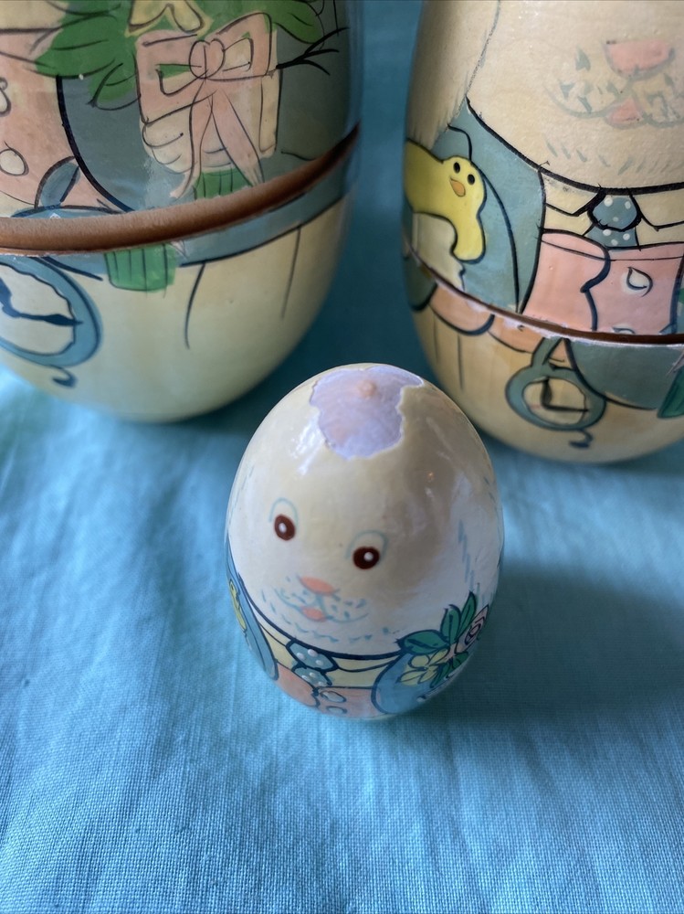 VTG WOOD EASTER BUNNY NESTING/STACKING DOLL 4 Pc Set Small Bunny Damaged