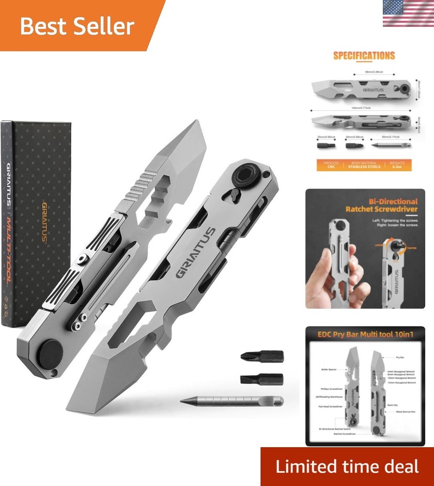 Versatile Multitool EDC Pry Bar with Bi-Directional Ratchet & Everlasting Pen