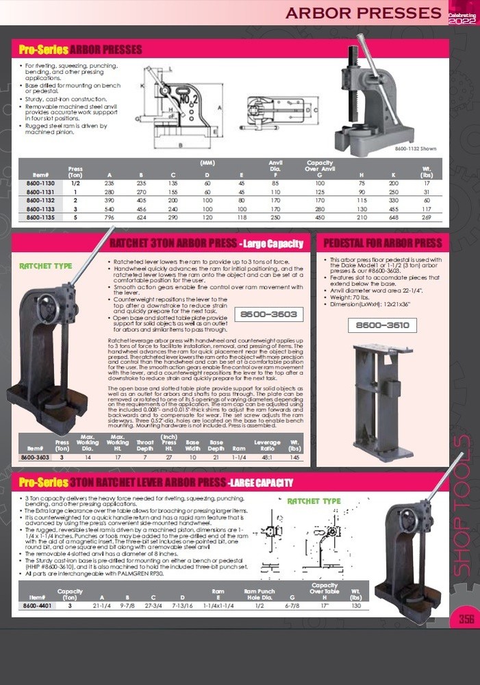 5 TON RATCHET TYPE ARBOR PRESS (8600-3501)