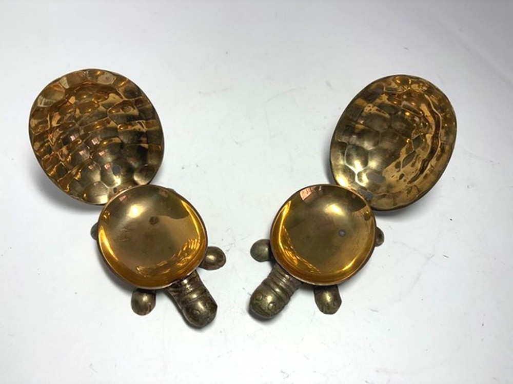Two Vintage Brass Turtle Containers with Hinged Shell Lid Trinket Boxes
