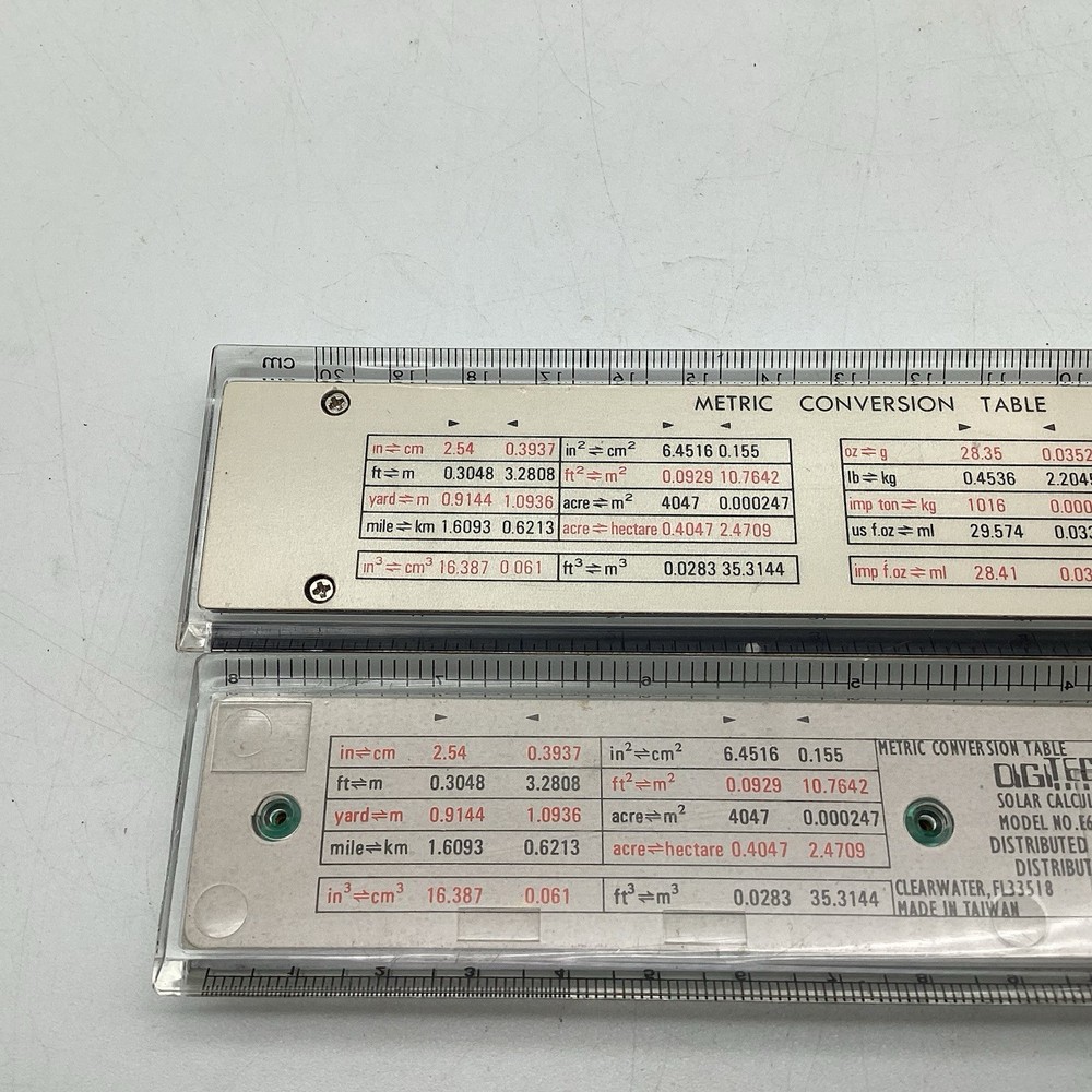 Two Vintage Solar Powered Calculators 8” Rulers Parker & Digitech E644 Untested