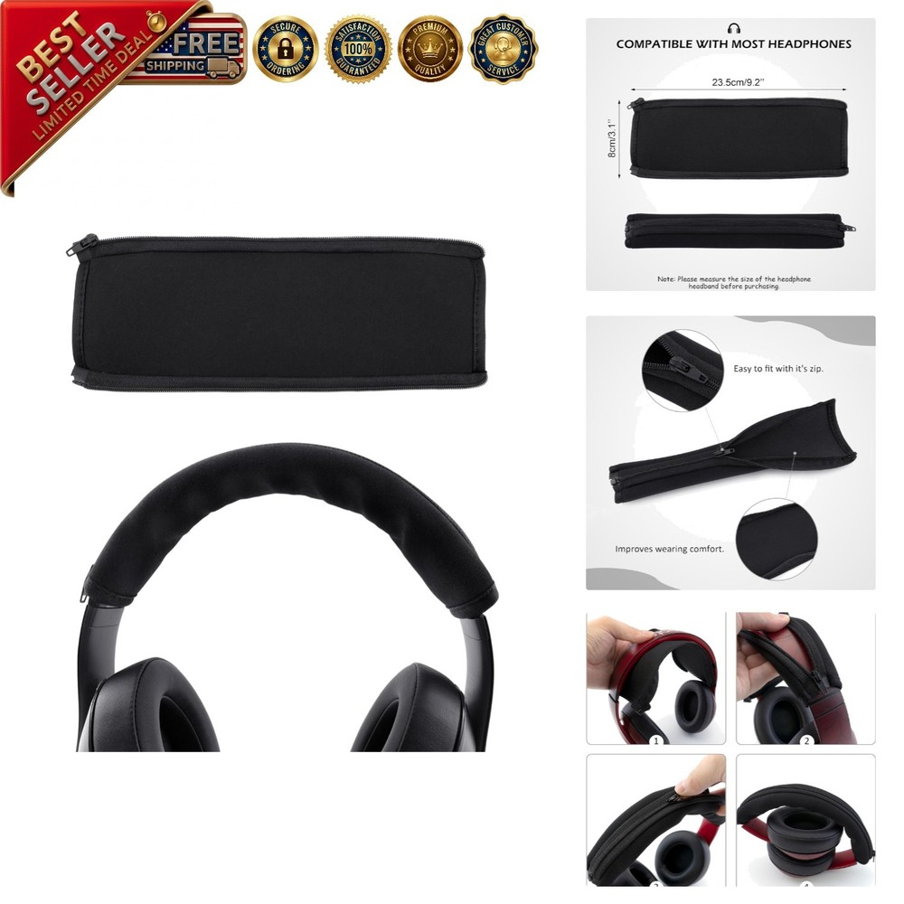 Versatile Black Headphone Headband Protector with Zipper - Easy Care Solution