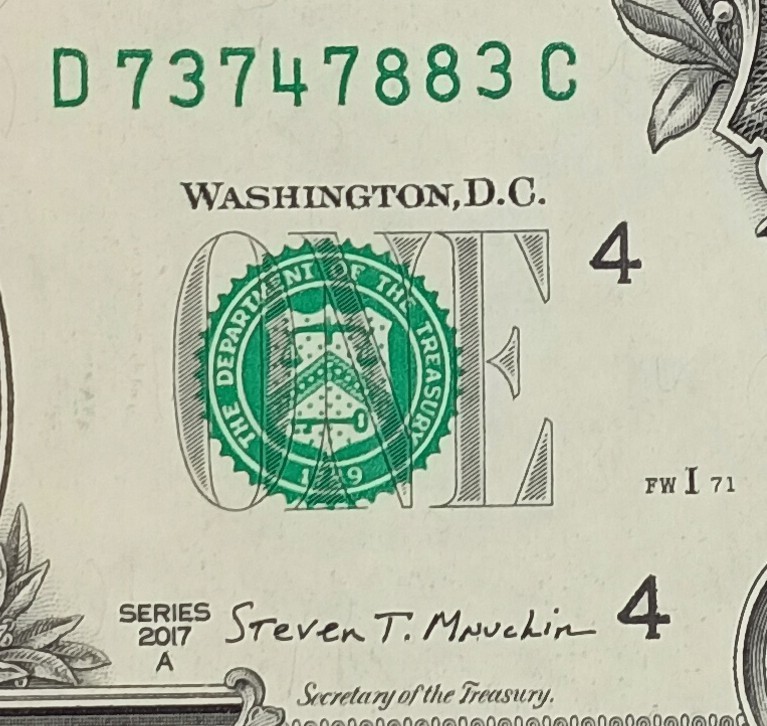 D73747883C $1 Misaligned Misprint One Dollar Bill 2017A Note