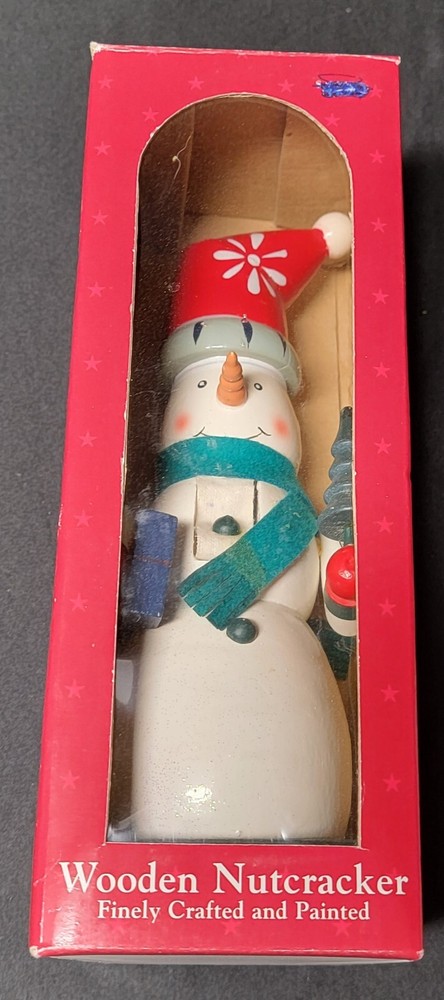 Vintage Wooden SNOWMAN NUTCRACKER Holding Present & Tree EUC in Original Box