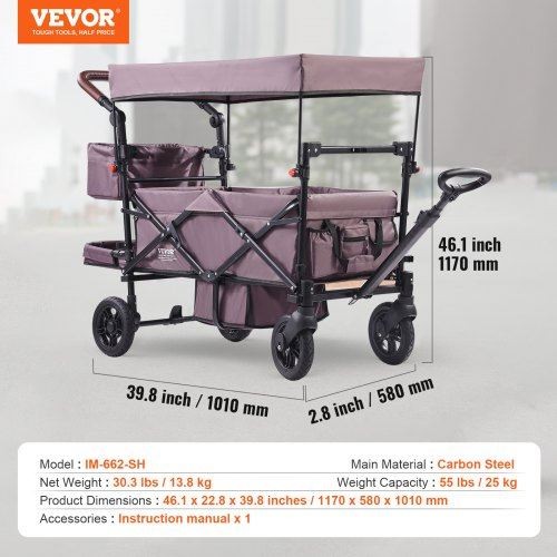 Wagon Stroller for 2 Kids Push Pull Quad Collapsible Stroller Dark Purple