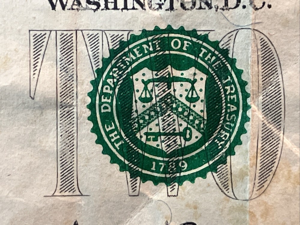 Error $2 Dollar Bill, 2003A Insufficient Ink Error Circulated