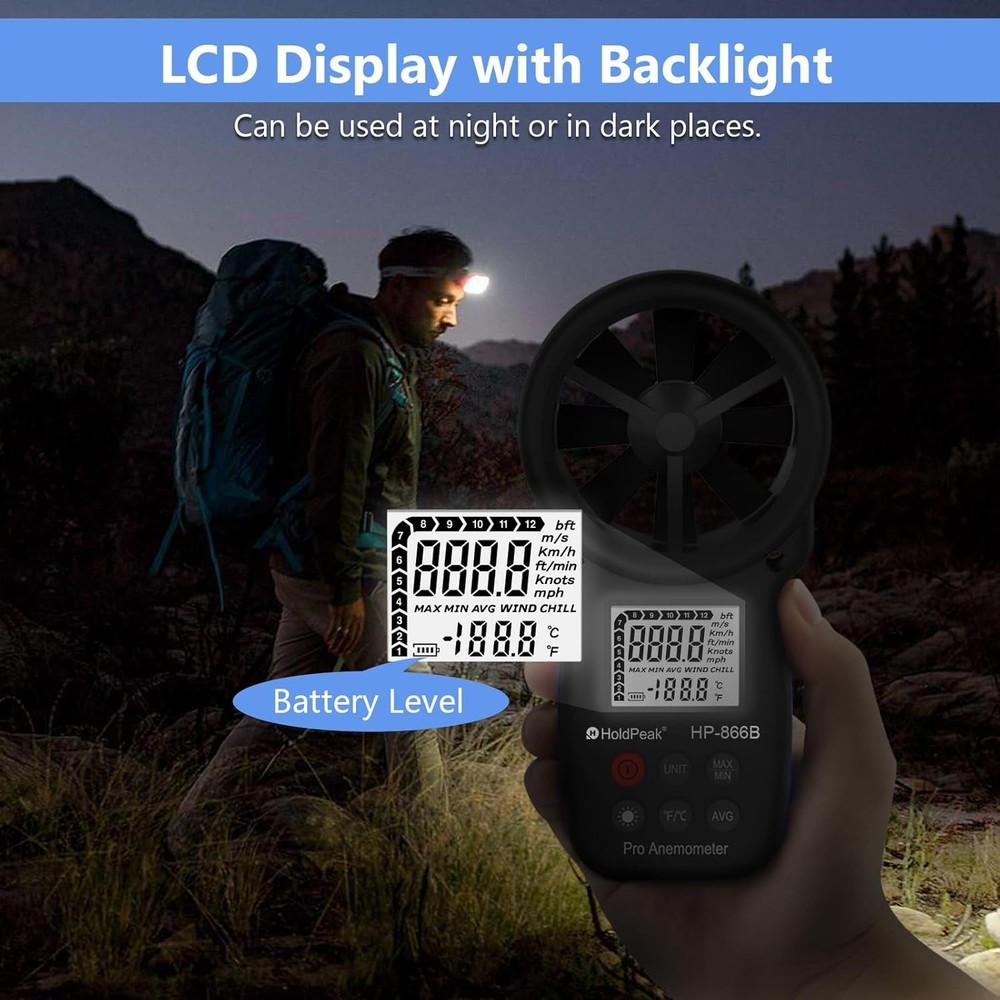 Accurate Digital Anemometer with Backlight for Wind Speed & Temp Measurement