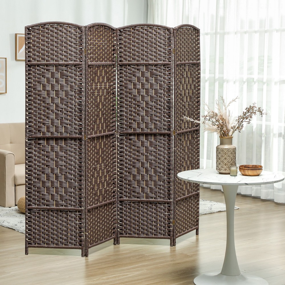 4 Panel Room Divider Hand-Woven Freestanding Partition, Brown