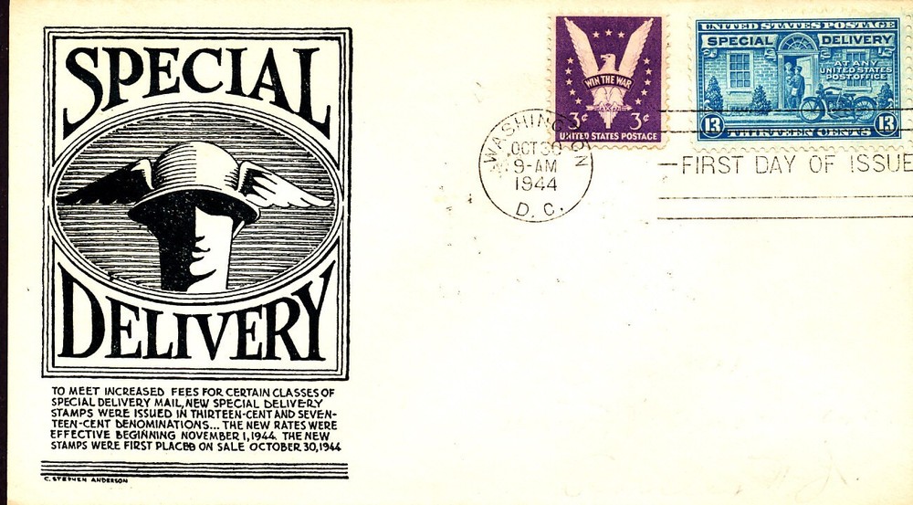 SPECIAL DELIVERY POSTMAN MOTORCYCLE 1944 USA 2 FDC