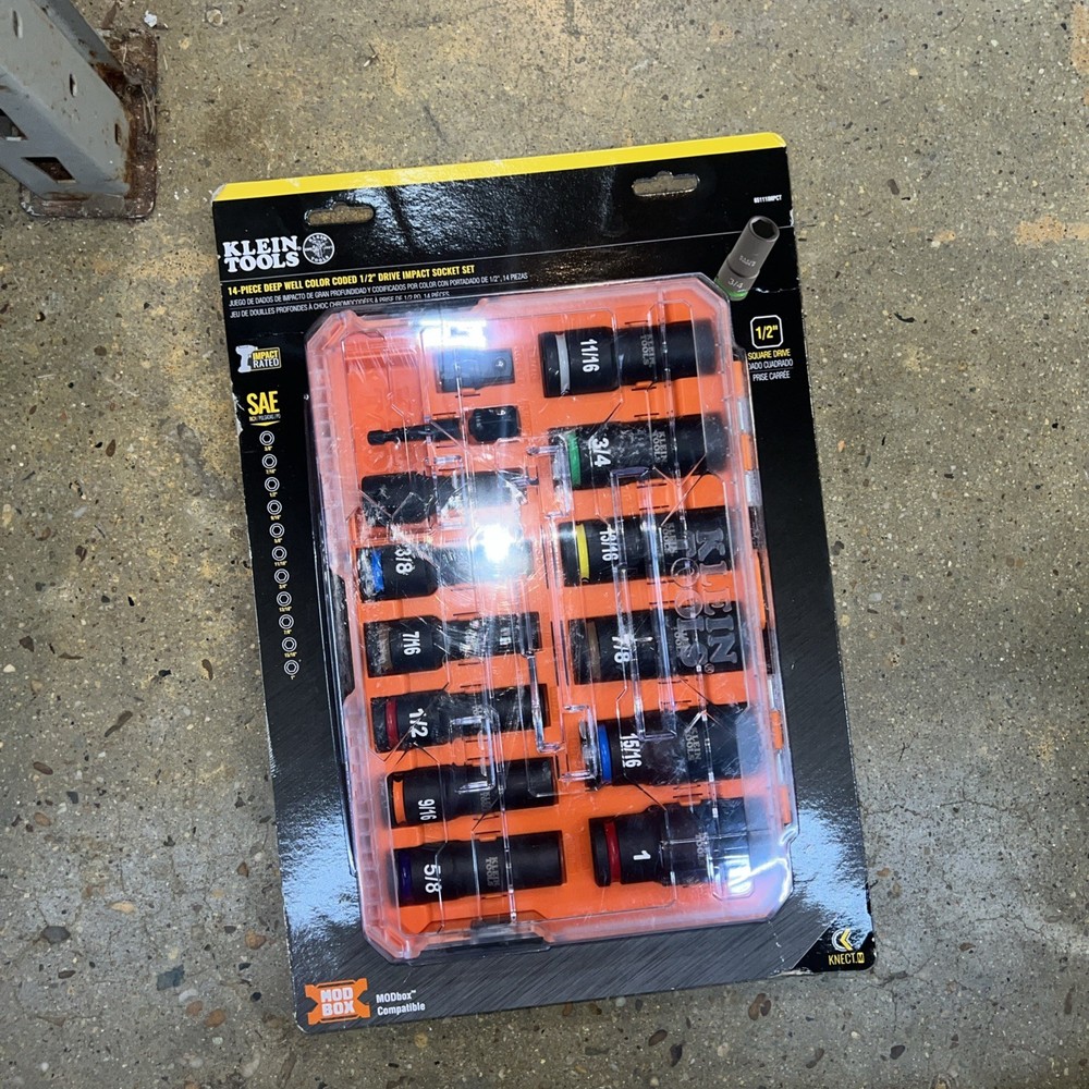 Klein Tools 65111IMPCT KNECT 1/2" Drive Deep Well Impact Socket Set, SAE, 14 Pc.