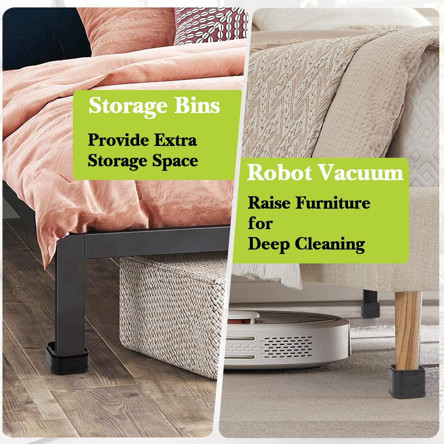 Adjustable 4-Pack Furniture Risers, Heavy Duty Bed Lifts, 1"-3" Height, Black