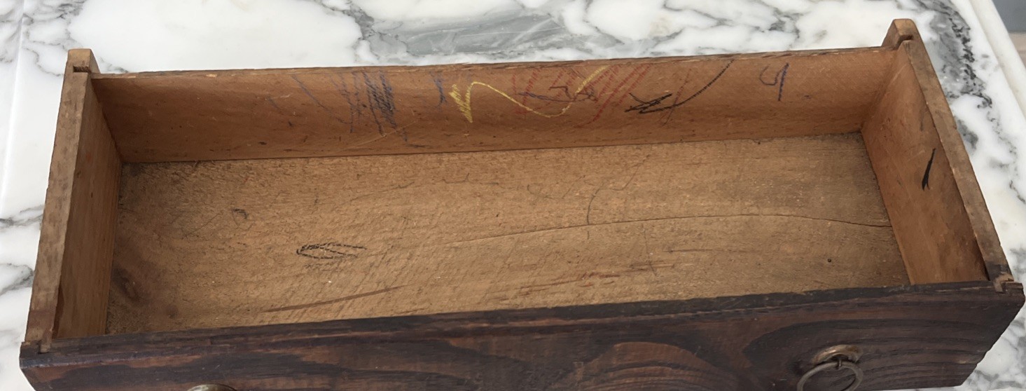 Antique Doll Size Wood Dresser With Brass Handles And Mirror Salesman Sample?