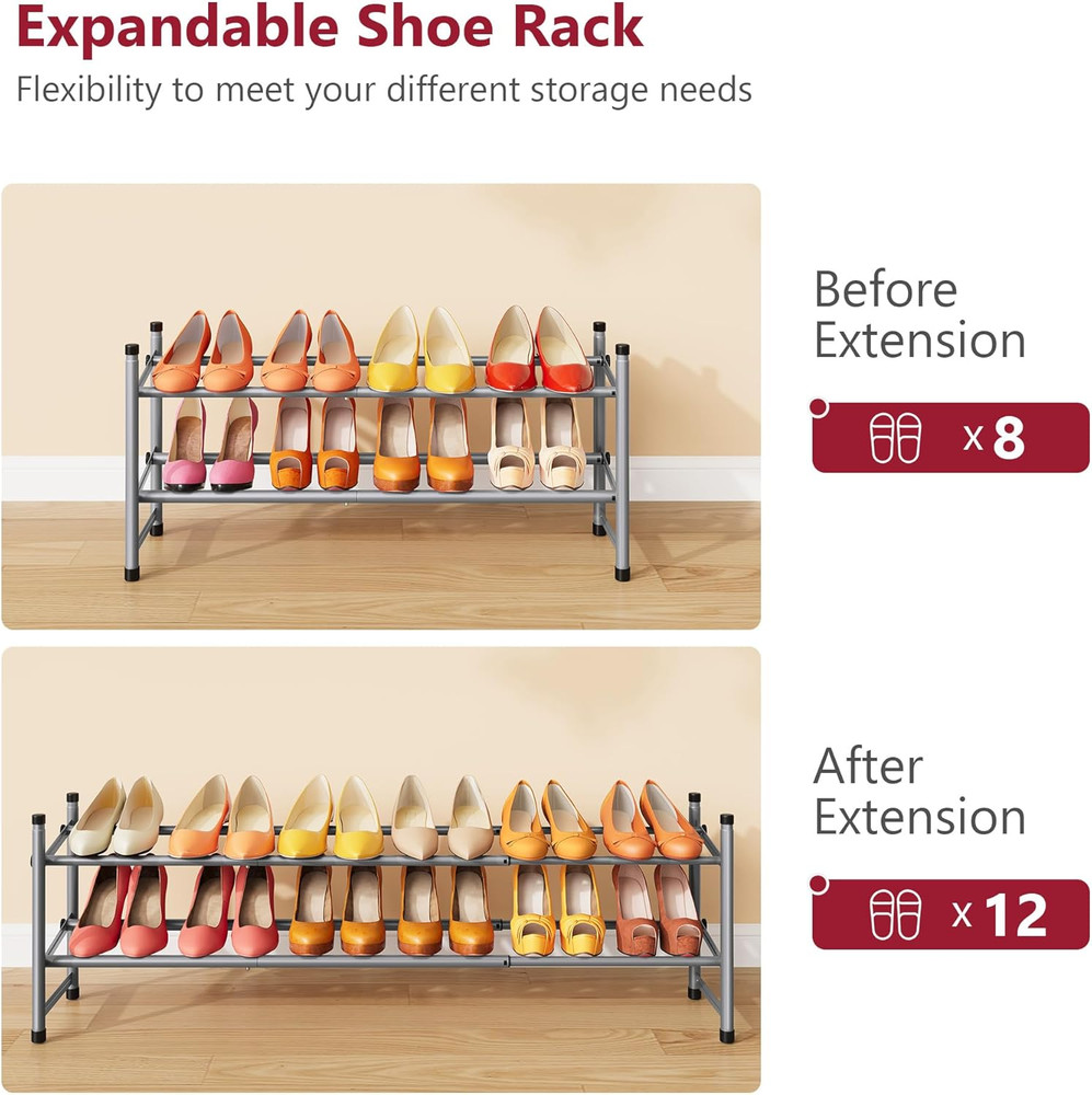 2 Tier Expandable Shoe Rack for Closet, 28“-41“Adjustable & Stackable Shoe Shelf
