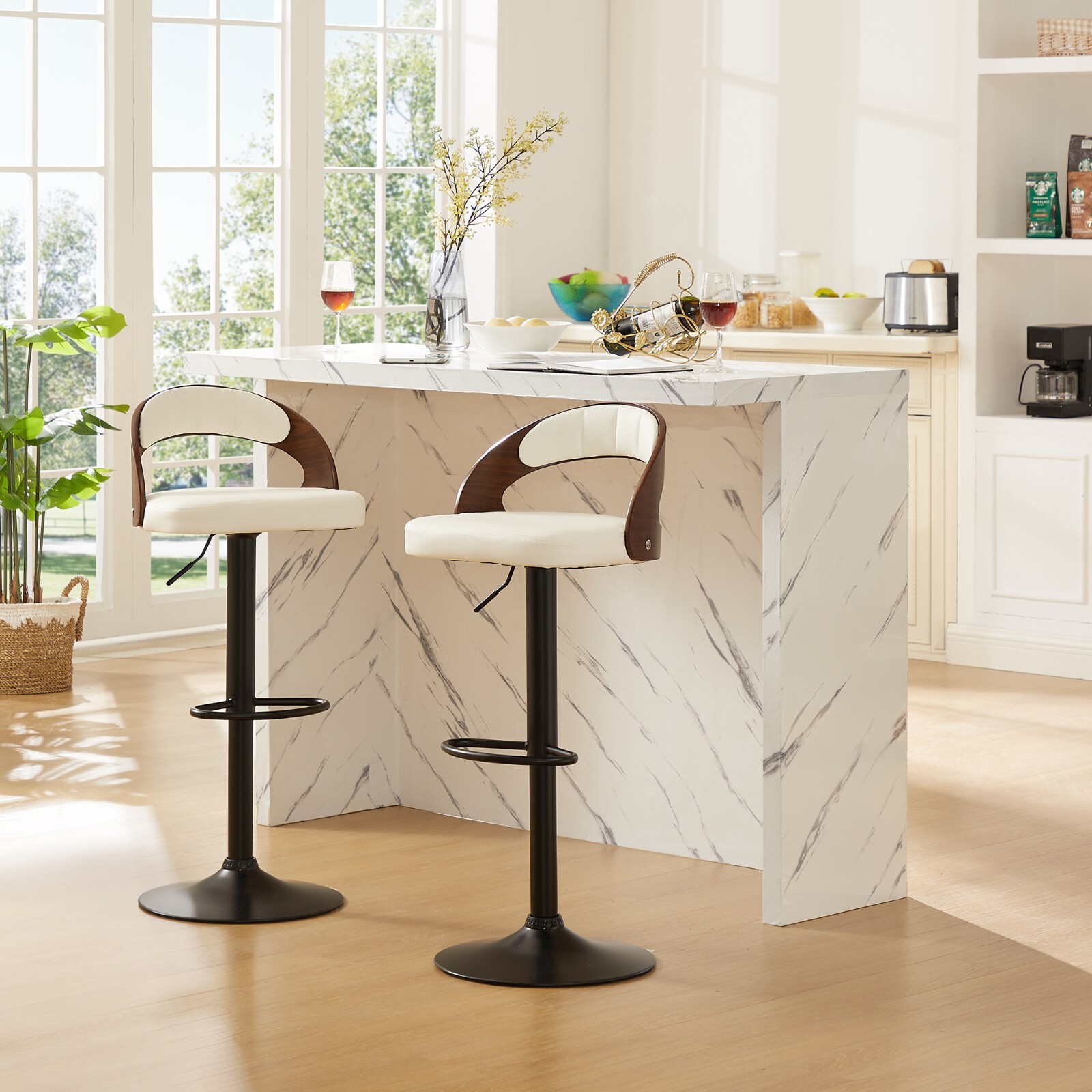 Bar Stools Set of 2 PU Leather Cushion Seat Adjustable Height Swivel Bar Chairs