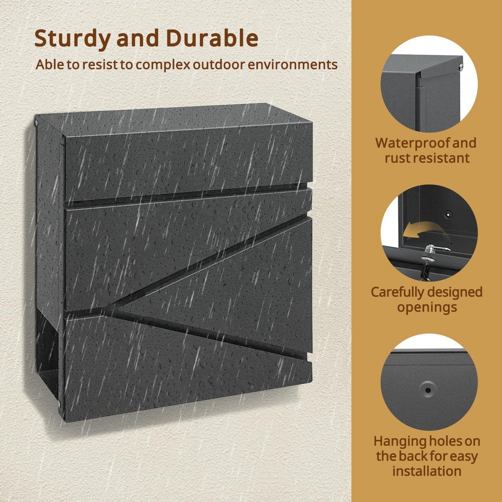 Lockable Wall Mount Mailbox with 2 Keys - Extra Large Capacity Gray