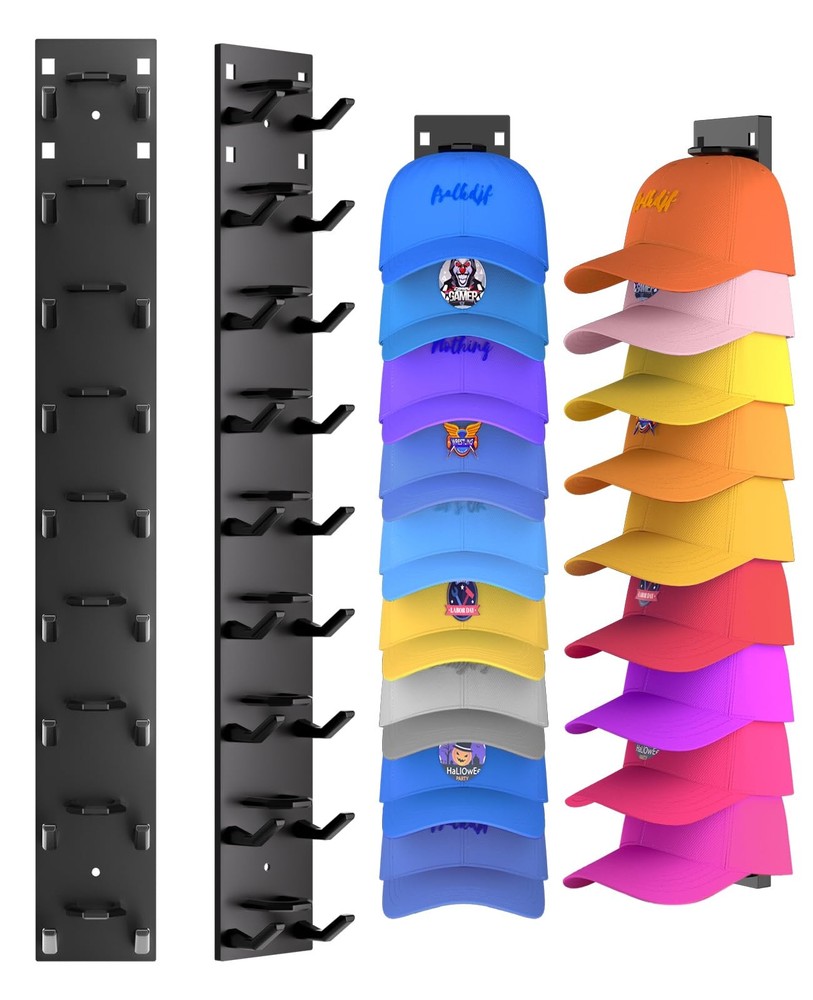 2 Pack Hat Organizer for Wall Holds 18 Baseball Caps Black