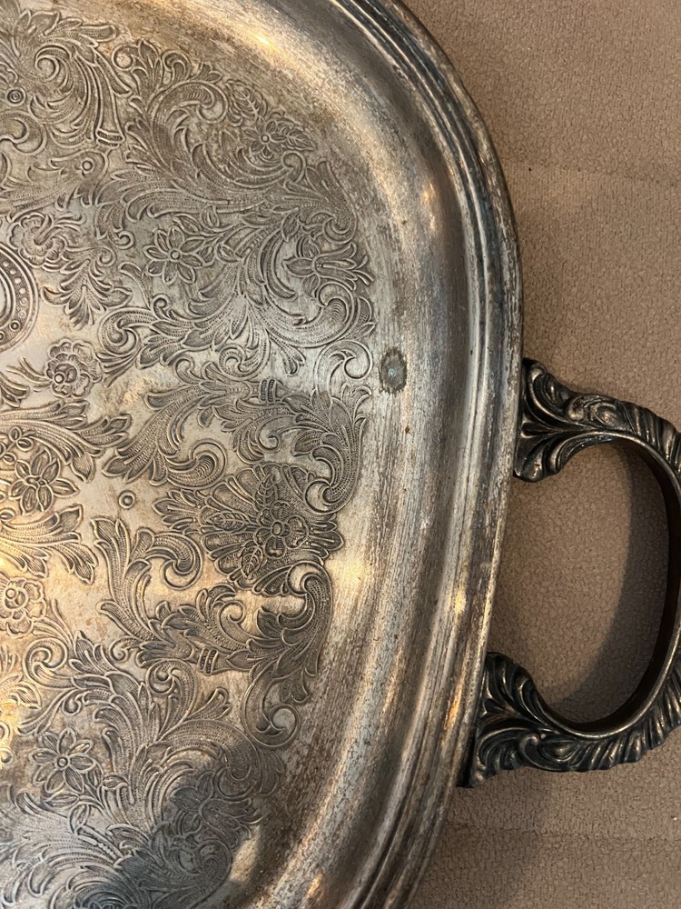 Vintage Silver Plated Tray Ornate Engraved Design Two Handles