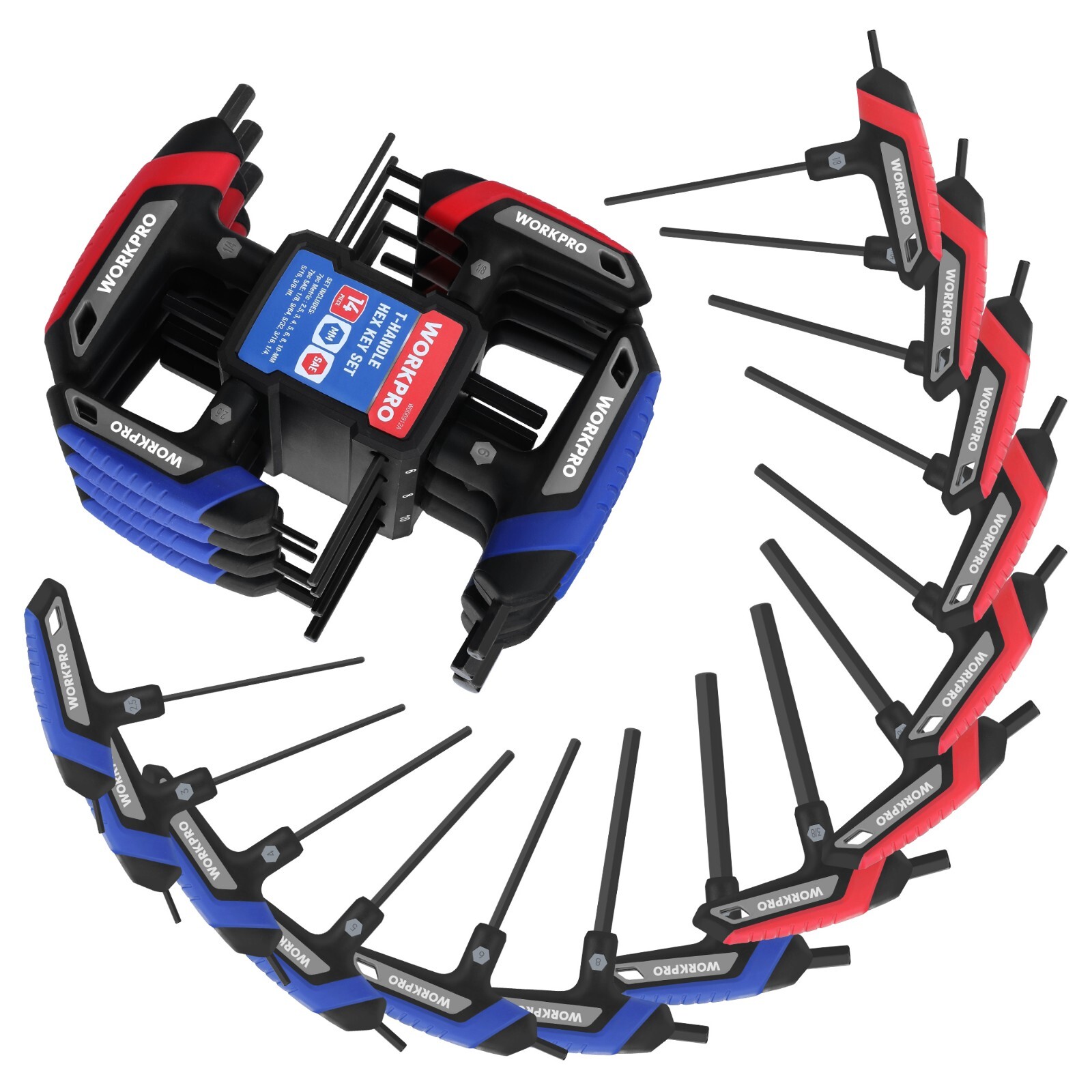 14-Piece T-Handle Allen Wrench Set, Metric & SAE T Handle Hex Key with Rack