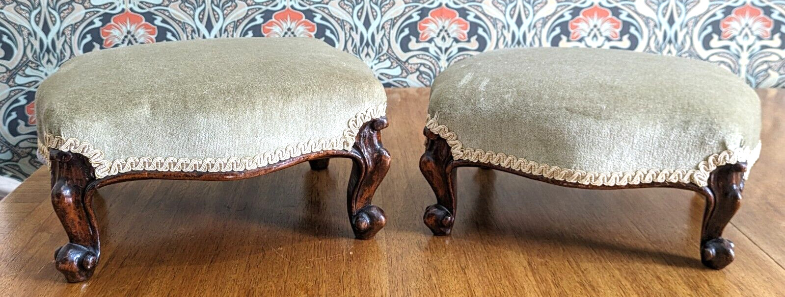 Pair of 19th Century Walnut Wood Cabriole Leg Green Footstools Victorian Antique