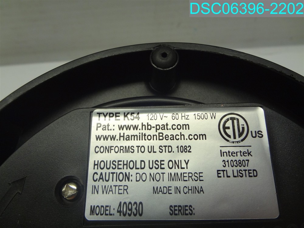 Hamilton Beach 40930 TYPE K54 3103807 REPLACEMENT PART
