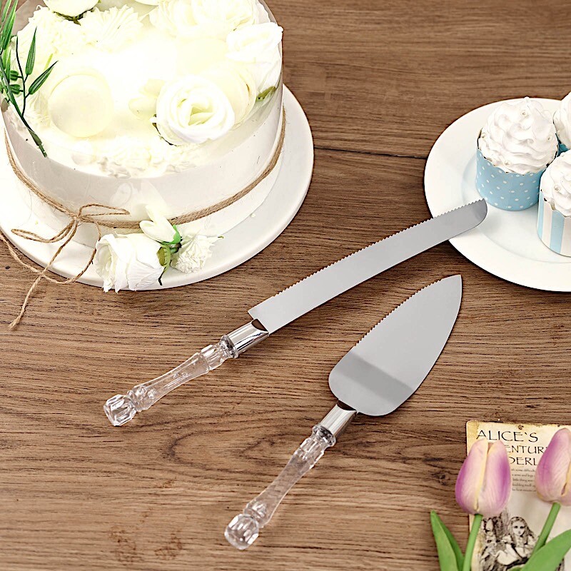 Silver Clear Knife and Server Crystal Handles Cake Serving Set Wedding Tableware