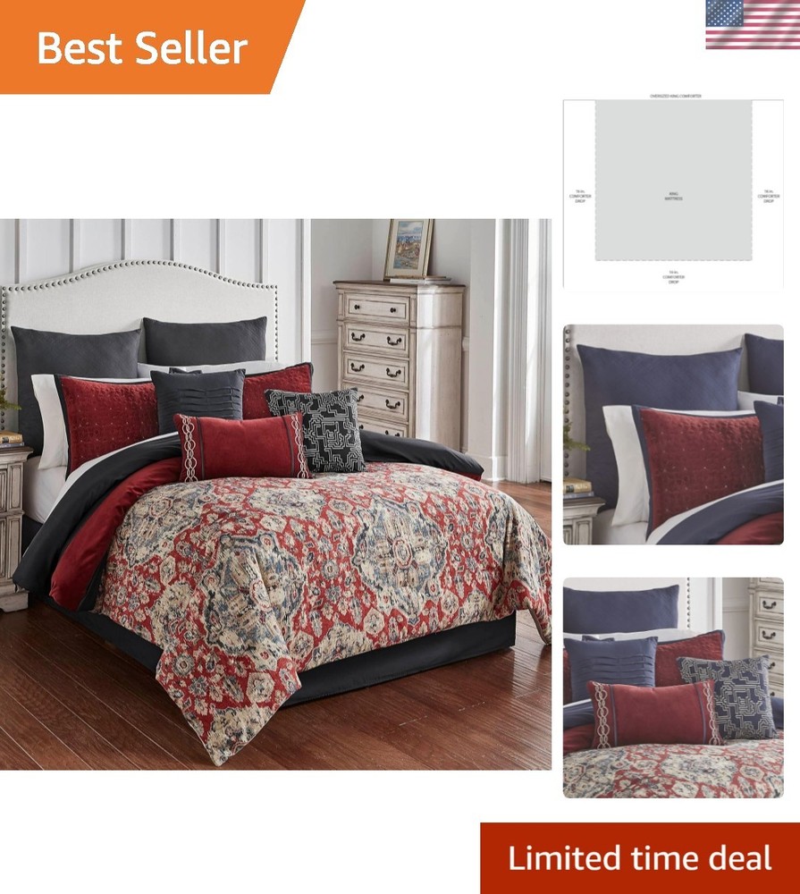 100% Polyester Comforter Set, King, Sadler - Red/Gray, 10 Piece Set