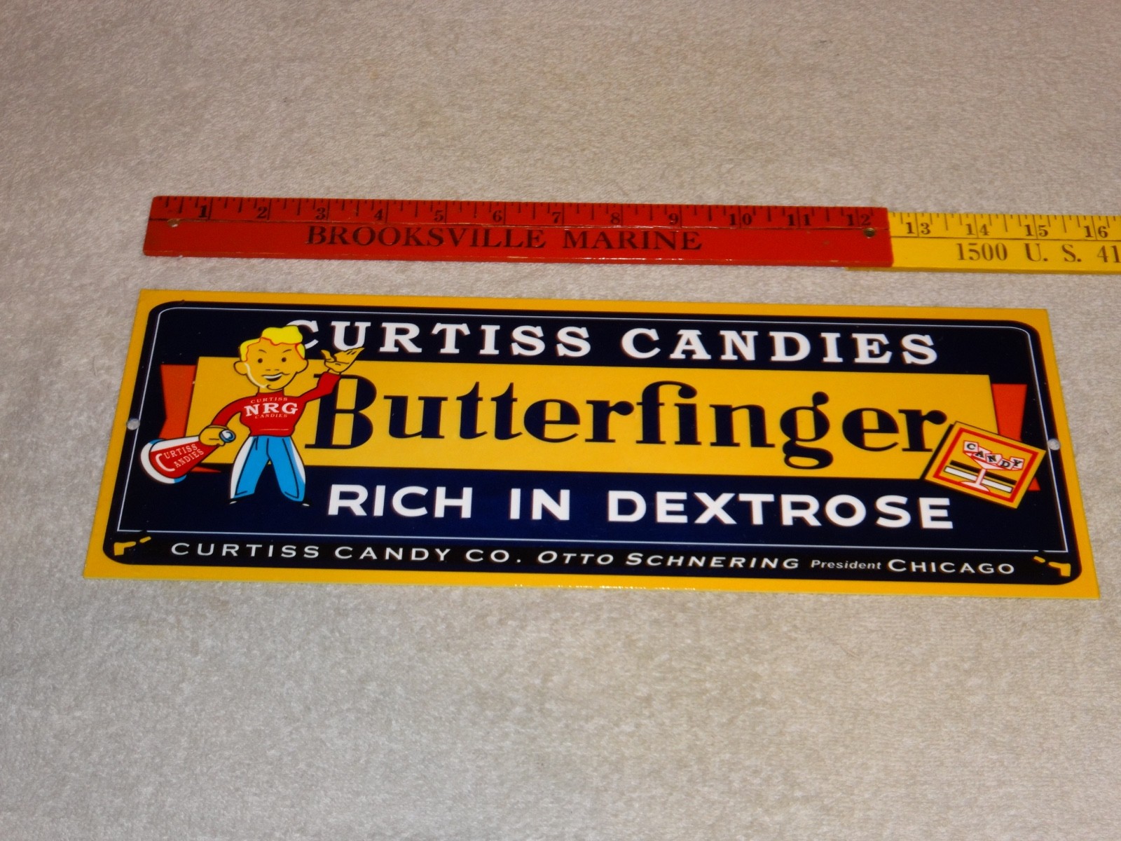 VINTAGE CURTISS CANDIES BUTTERFINGER 15" METAL CHICAGO CHOCOLATE CANDY BAR SIGN!
