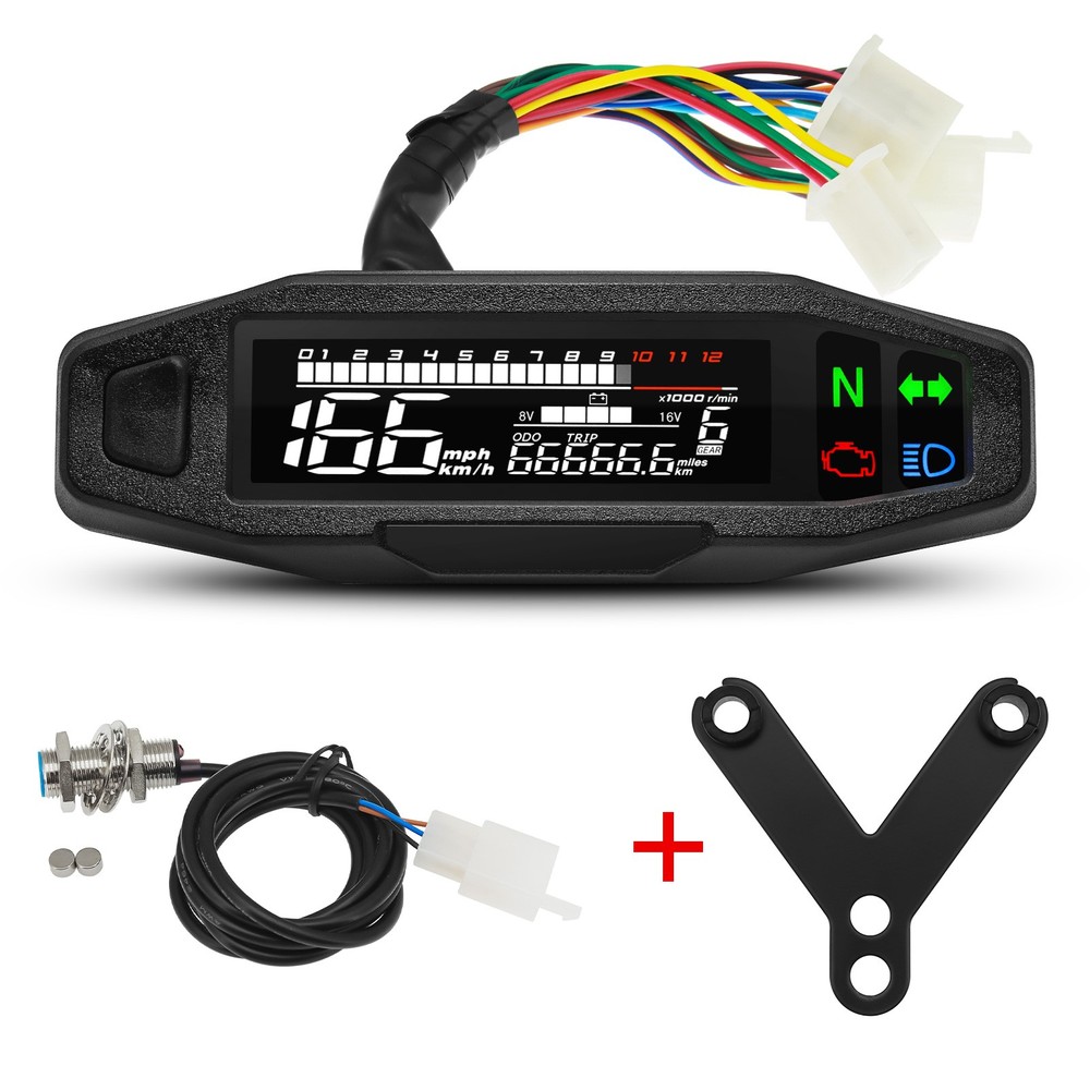 LCD Digital Motorcycle Speedometer Odemeter Tachometer Gear Indicator w/ Bracket