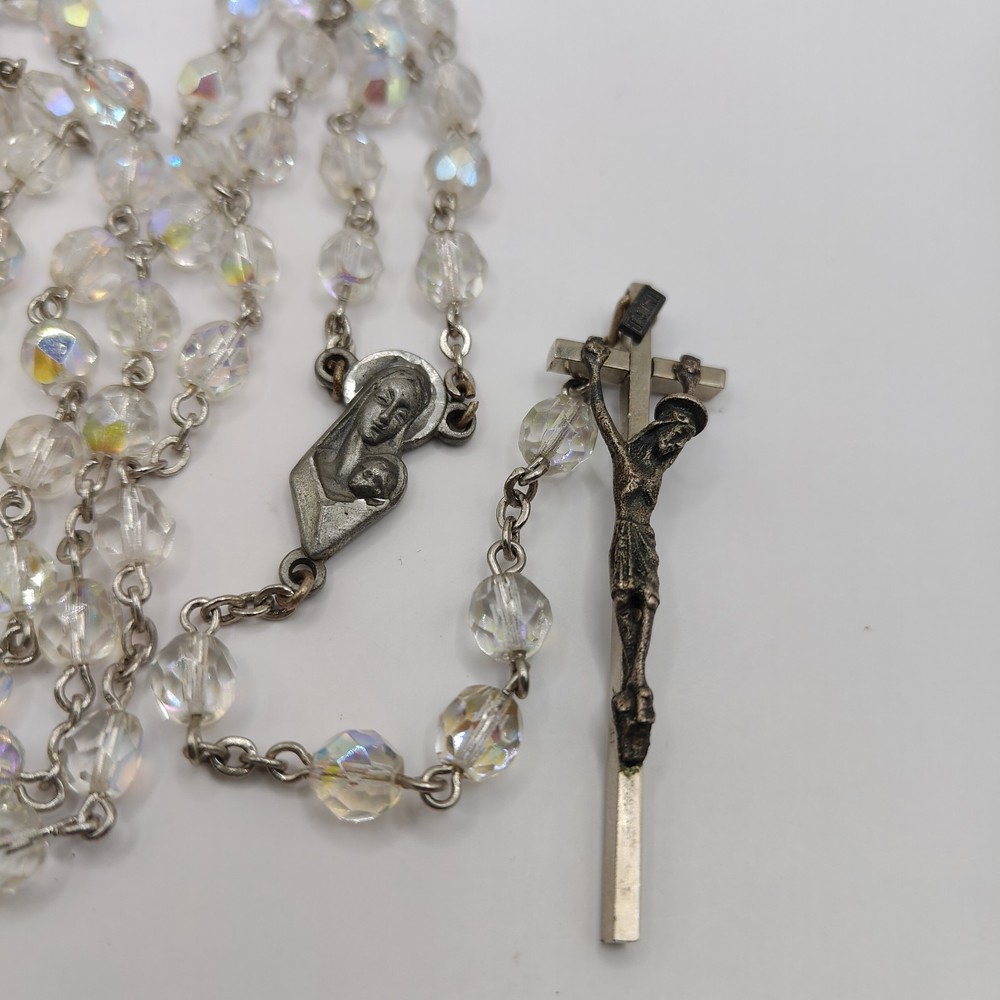 VINTAGE ROSARY, AURORA BOREALIS CLEAR BEADS, 30", ITALY