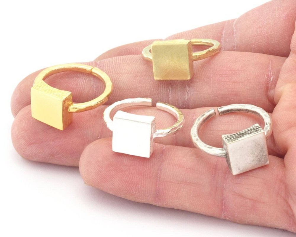 Square Brushed Edge Ring Base Adjustable Silver,Raw Brass,Shiny gold-silver 4725