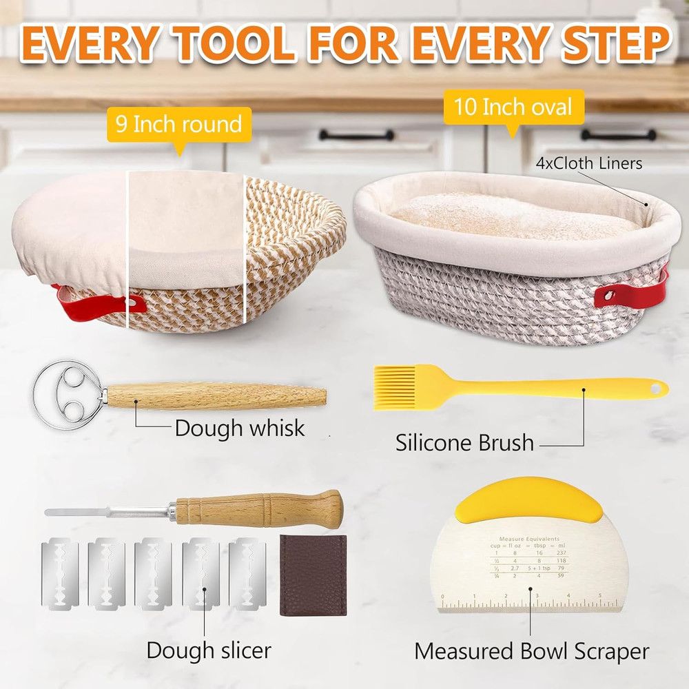 Banneton Bread Proofing Basket Set, Oval & round Bread Baskets with Liners & Cov