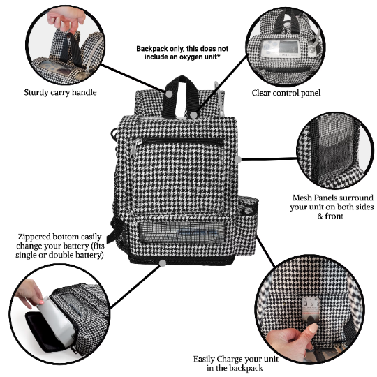 o2totes: Backpack For Inogen Rove 6 Lightweight Backpack w/Pockets - Houndstooth