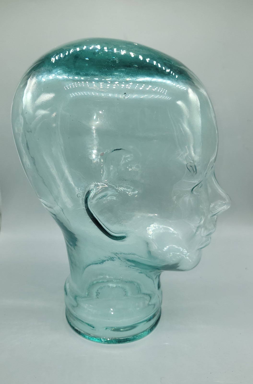 Clear Green Tint Art Glass Head Mannequin Wig Hat Holder Display 11” Tall
