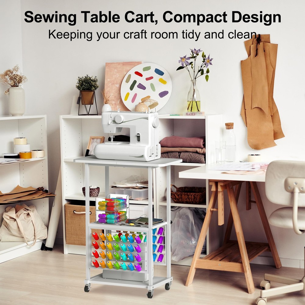 Rolling Craft Table with 56 Spools Thread Holder, 3 Storage Shelves, Portable...