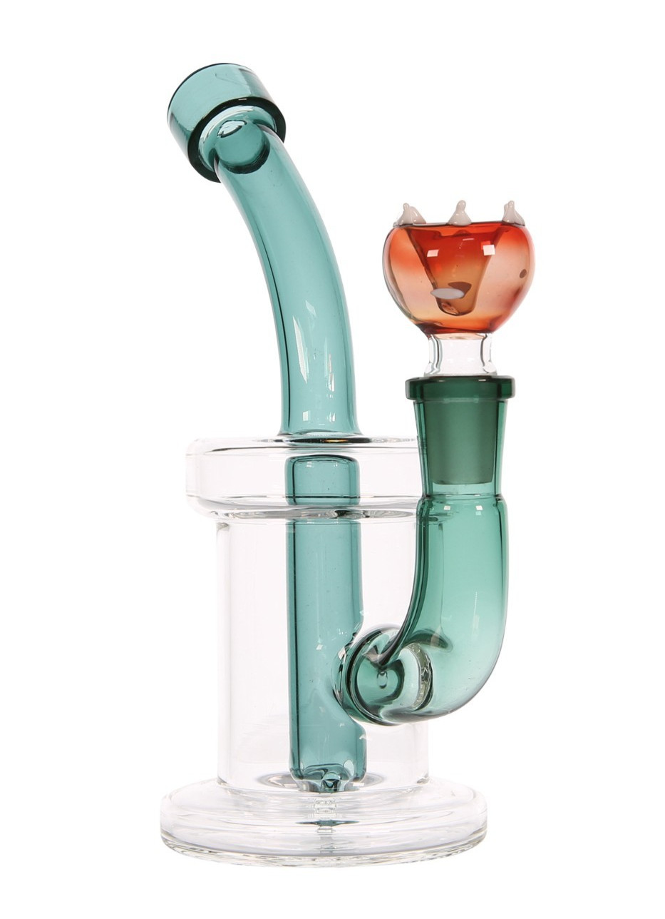 7” Bent Neck Glass Water Pipe Venus Fly Trap Design +14mm Bowl (Green Red/White)
