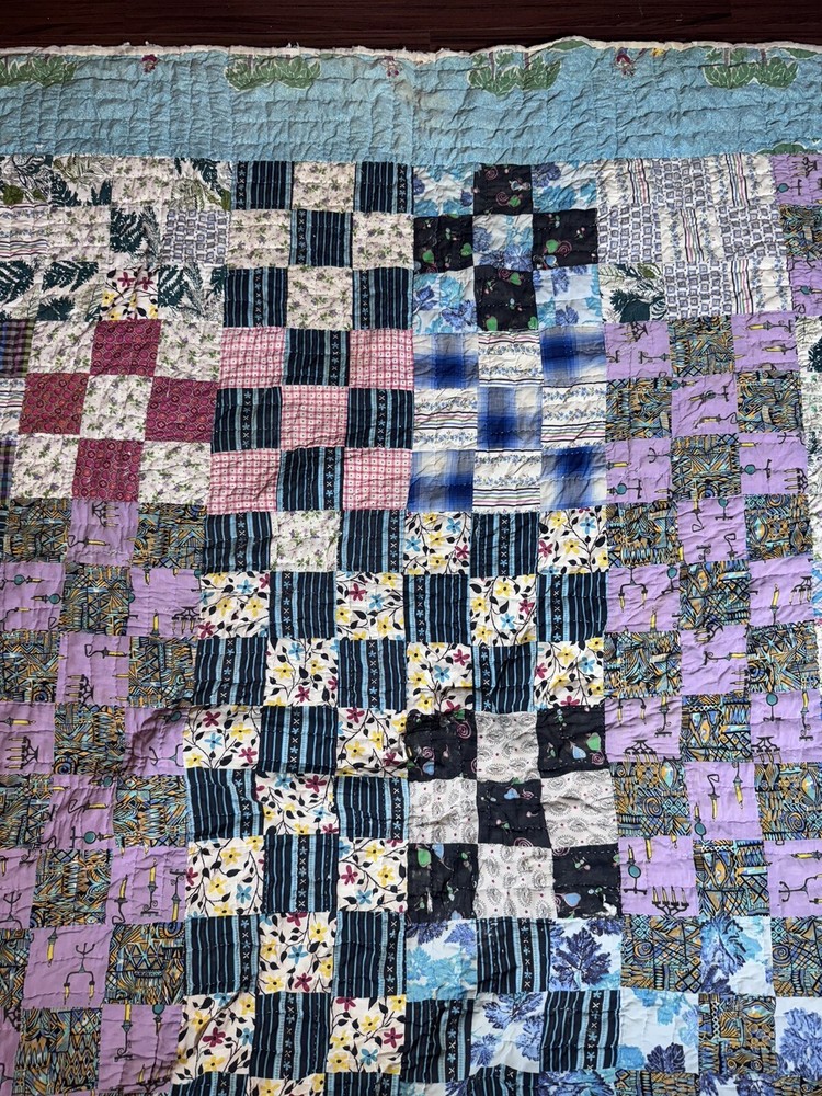 Vintage Hand Stitched Patchwork Quilt 81”x68” Fun Fabric Flawed Signed 60’s