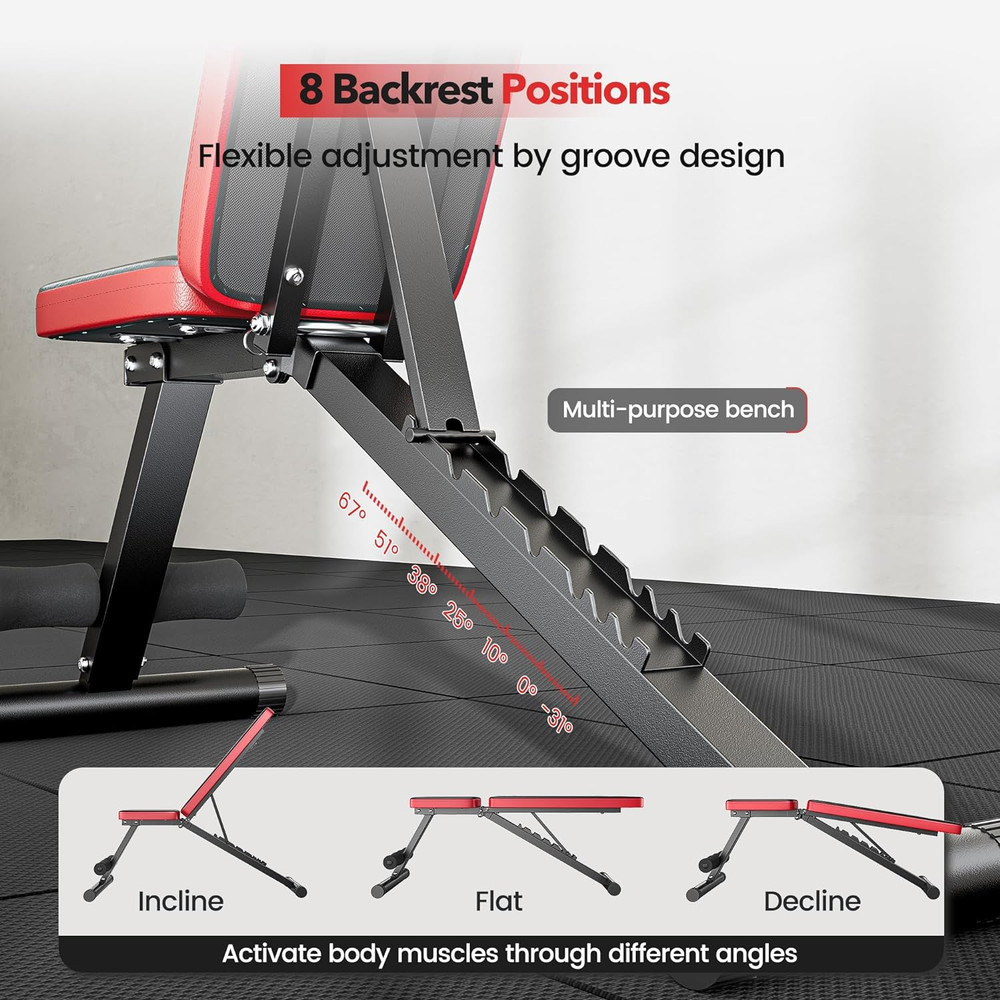 Basic Weight Bench for Home Gym, Foldable Workout Bench with 8 Backrests, 660LBS