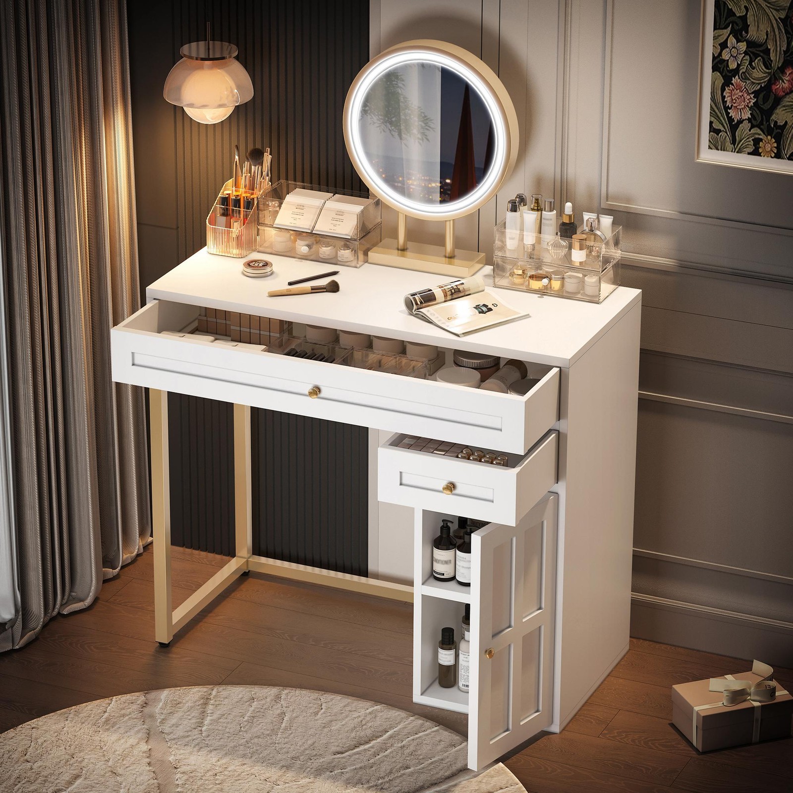 Vinsetto 31.5" Makeup Vanity Desk with Lighted Mirror, White+Gold