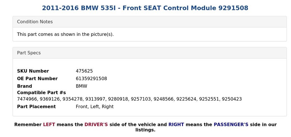 2011-2016 BMW 535I - Front SEAT Control Module 9291508