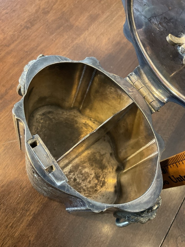 Antique Victorian Silverplate Silver Biscuit Tin / Tea Caddy Rams Head Etched