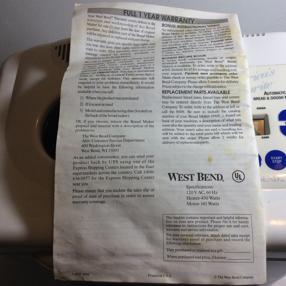 West Bend America’s Favorite Automatic Bread Maker Machine Model 41035