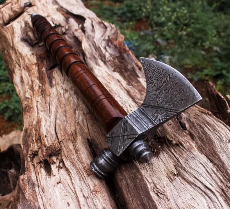 Custom Handmade Forged Damascus Blade Pipe Axe Tomahawk Hatchet Integral Axe