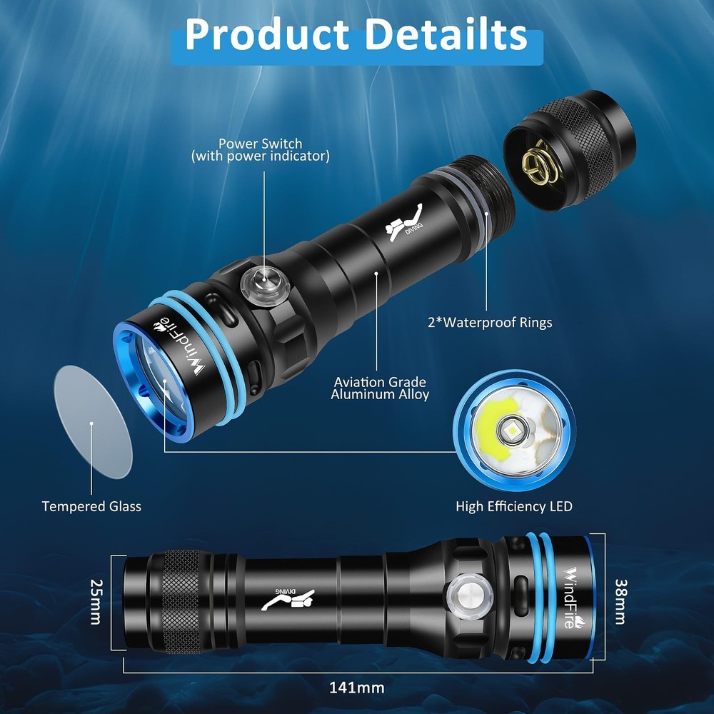 WINDFIRE Dive Light – Super Bright Rechargeable Diving Flashlight with 4 M
